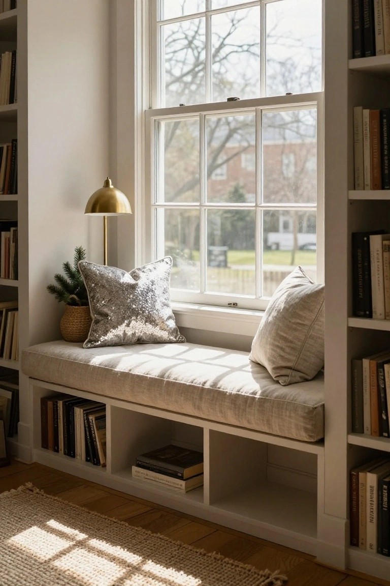 Built-in beige upholstered window seat between white bookshelves, with silver sequin pillow, cream pillow, gold arched lamp, small potted pine branch, and large multi-pane window showing trees and yard outside.