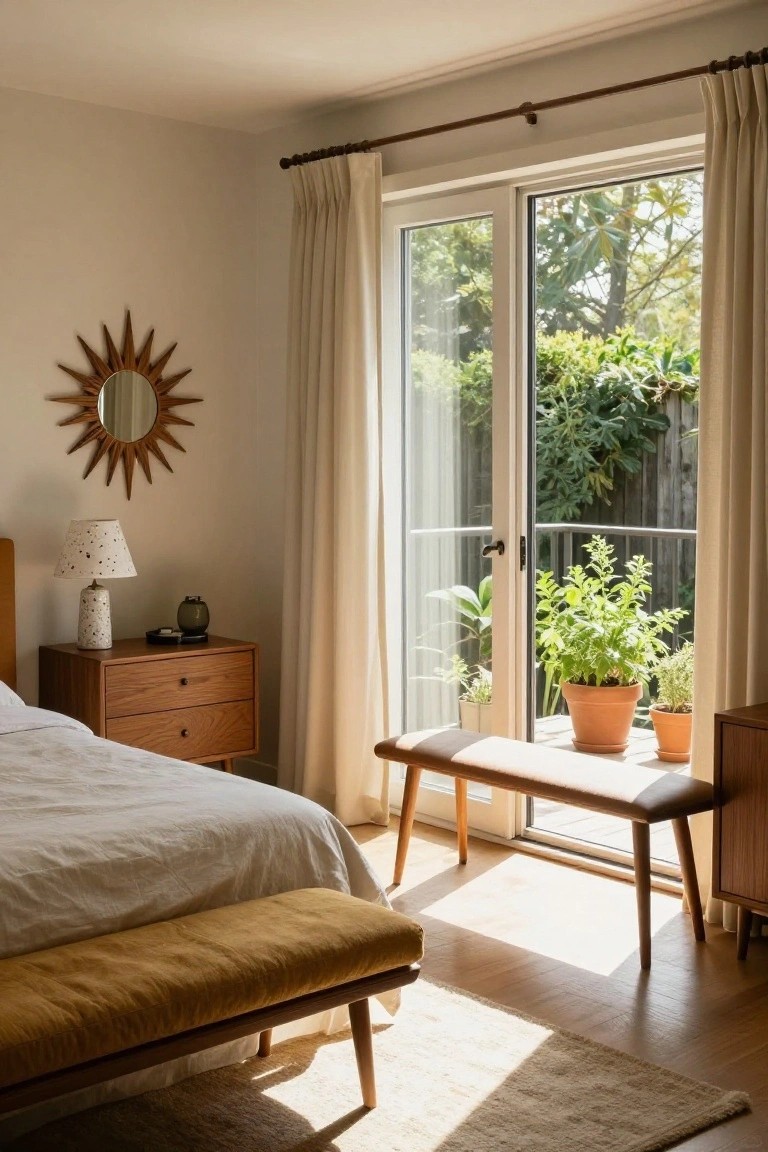 Bedroom with white bed, wooden nightstand and lamp, sunburst mirror on wall, yellow upholstered bench by open beige-curtained balcony doors showing plants and garden view.