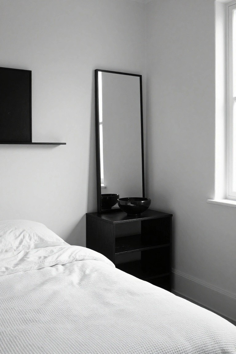 Black Accents in a White Bedroom