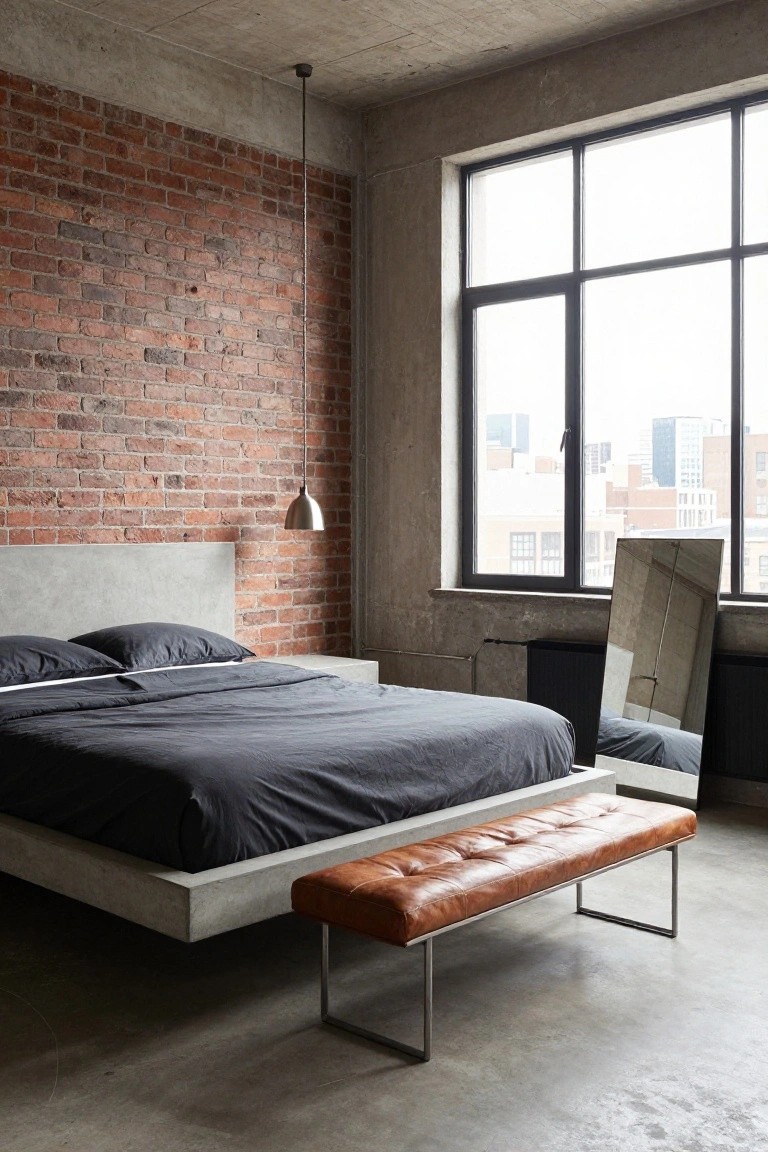 Modern bedroom with exposed red brick accent wall behind low concrete platform bed with gray bedding, tan leather bench at foot, large window overlooking city, full-length mirror, and polished concrete floor.