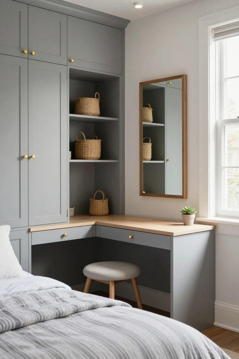 Gray built-in wardrobes and cabinets wrapping around a corner light wood desk in a bedroom, with woven baskets on shelves, a round wood-framed mirror, gold knobs, a cushioned stool, and a bed with gray bedding nearby.