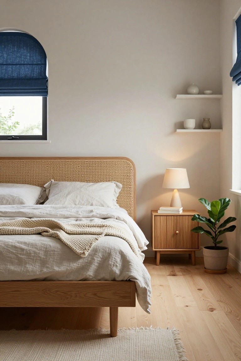 Bedroom with wooden bed featuring cane headboard, rattan nightstand holding lamp and books, potted plant, floating shelves with ceramics, and blue arched window shade.