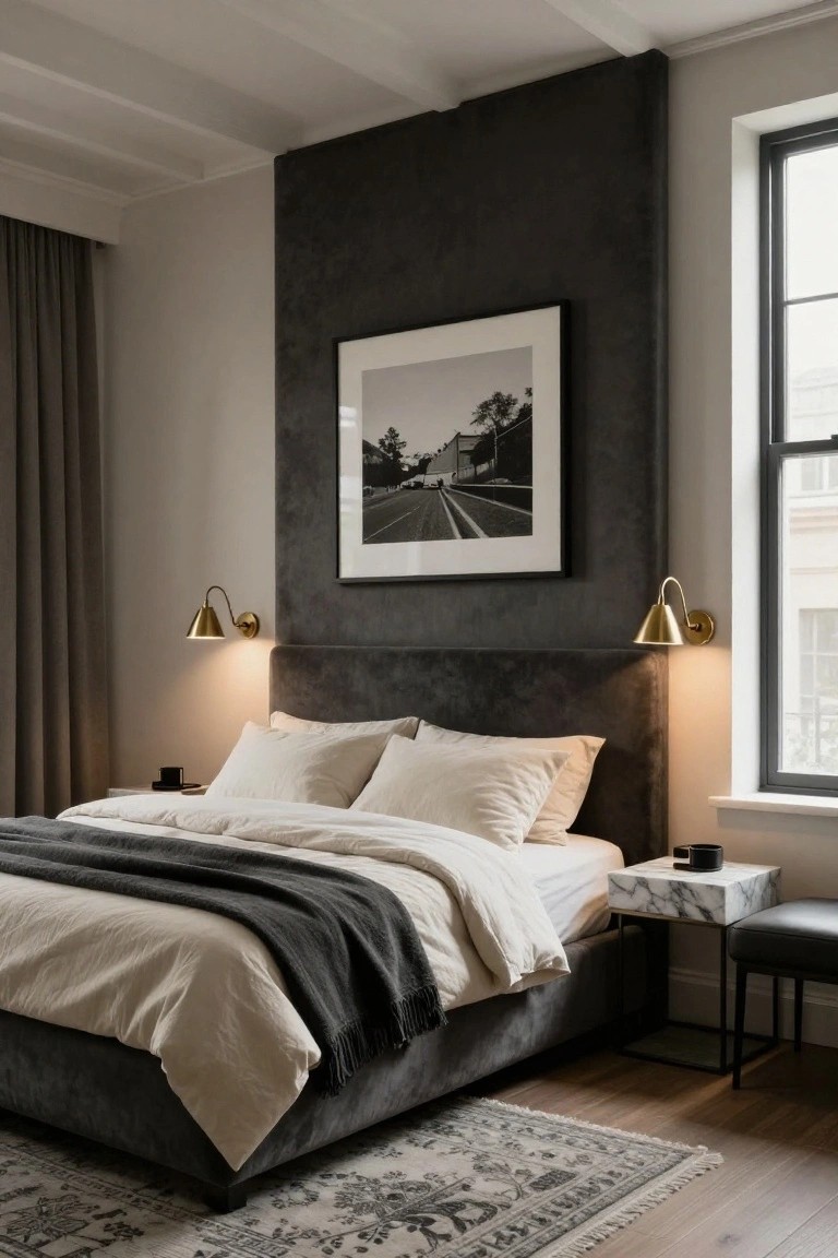 A bedroom with a dark textured accent wall behind a gray velvet-upholstered bed flanked by two brass wall sconces, neutral bedding, marble bedside table, and large window.