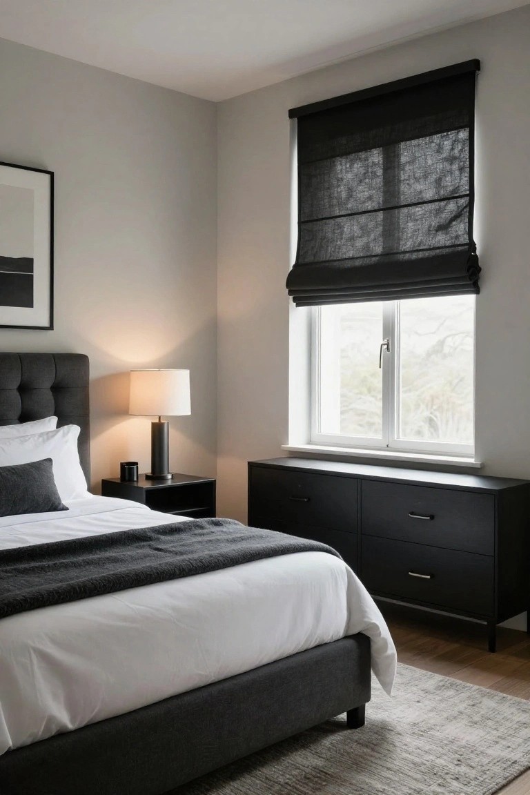 A minimalist bedroom with light gray walls, a charcoal tufted upholstered bed with white bedding and gray pillows, black wooden nightstand and lamp, black low dresser, black linen roman shades on a double-hung window, light oak floors, and beige rug.