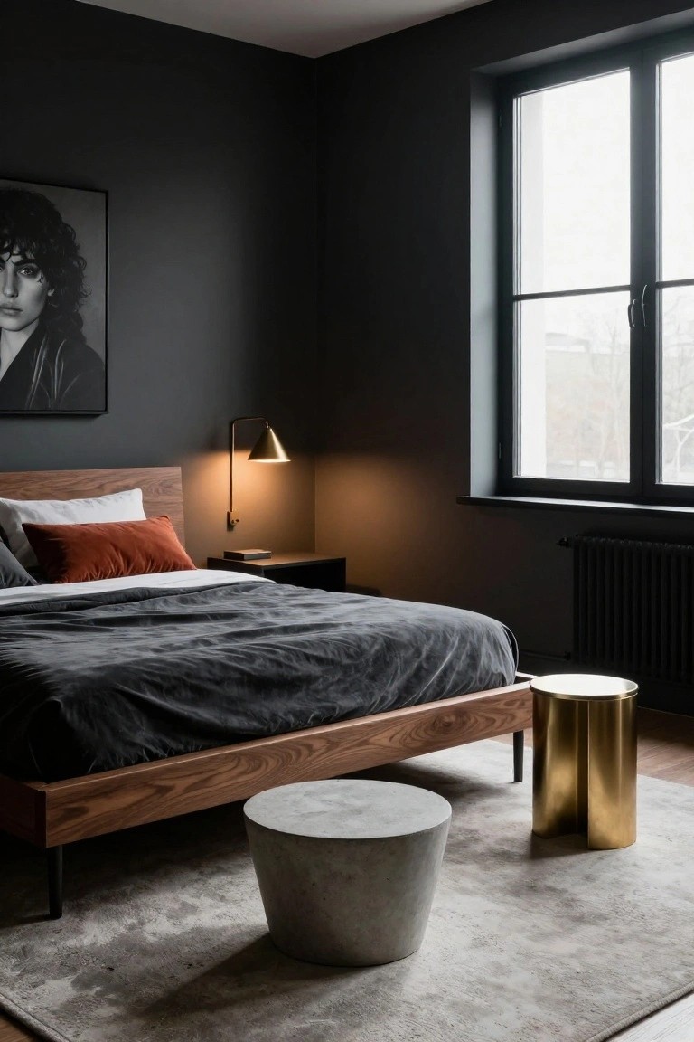 Modern bedroom with dark gray walls, low-profile walnut bed on metal legs with gray bedding and rust pillow, brass wall lamp over black nightstand, concrete and brass stools on light gray rug, large window, and black-and-white portrait print.