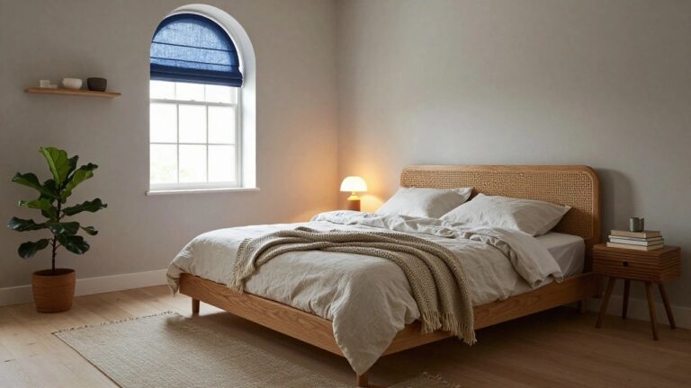 Bedroom with wooden bed featuring cane headboard, rattan nightstand holding lamp and books, potted plant, floating shelves with ceramics, and blue arched window shade.
