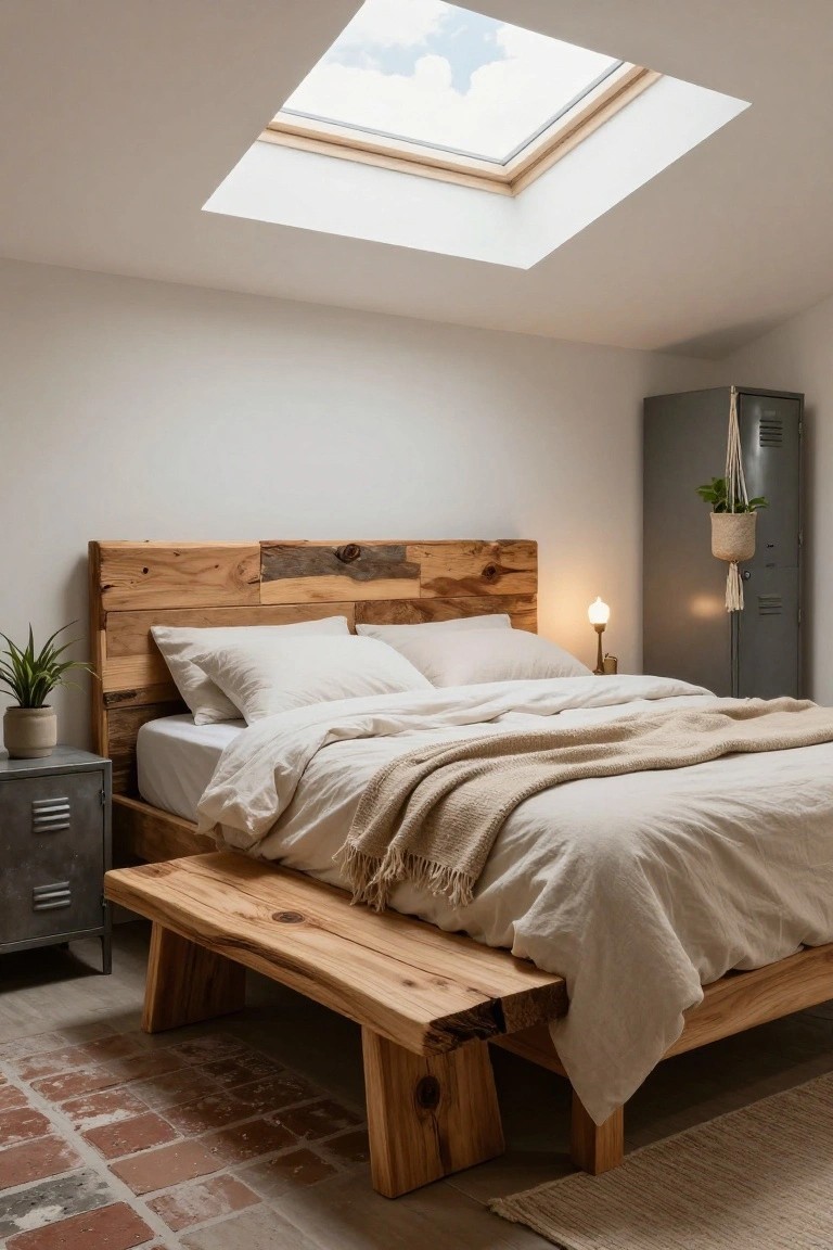Bedroom with wooden live-edge headboard and bench at the foot of the bed, white bedding, gray metal nightstand and locker, hanging plant, and skylight overhead.