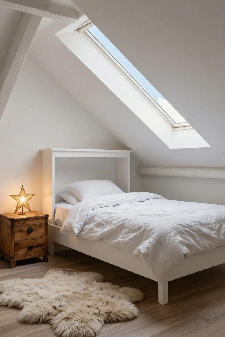 Attic bedroom with white sloped ceilings and skylight, featuring a low white bed with rumpled white duvet, wooden nightstand with gold star lamp, and large cream sheepskin rug on light wood floor.