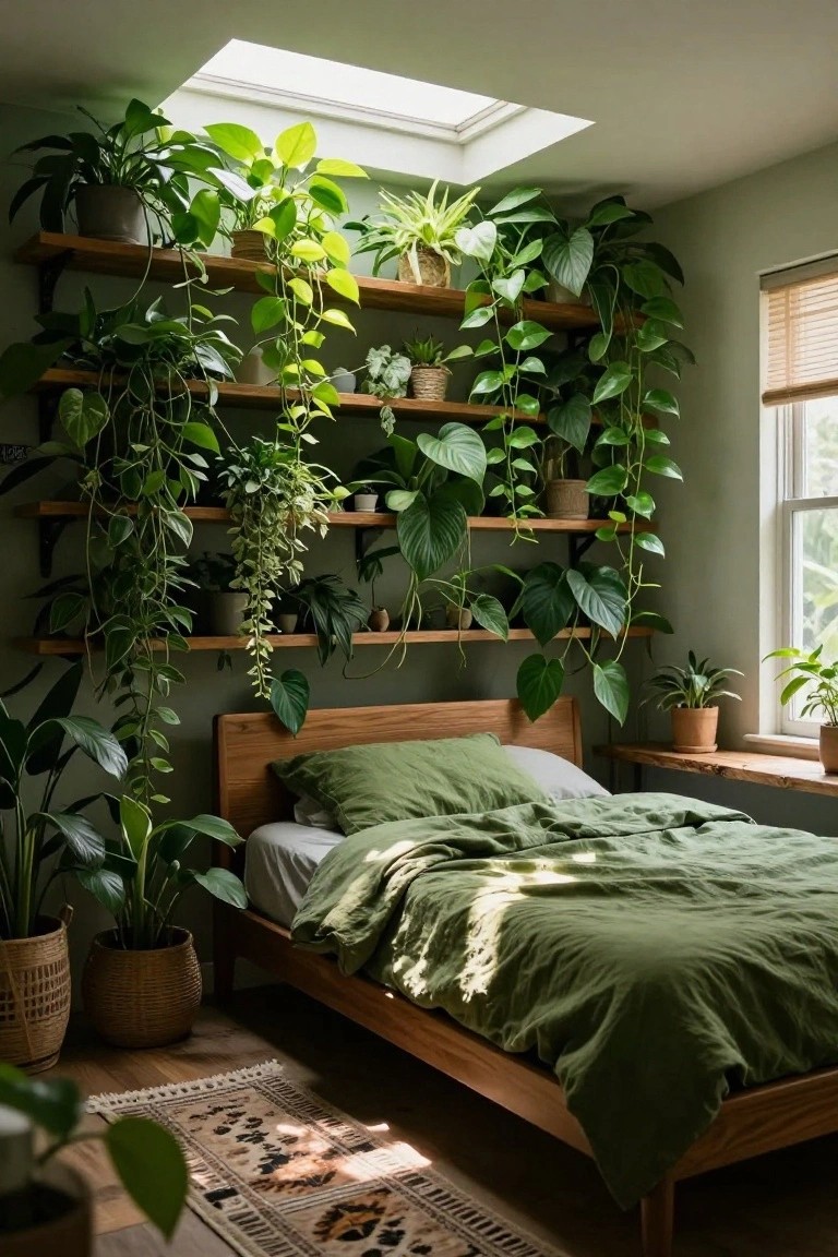 Bedroom corner with multiple wooden wall shelves holding various potted green houseplants including trailing vines and large leafy varieties, wooden bed with green linens, skylight overhead, window with plants on sill, and floor plants nearby.