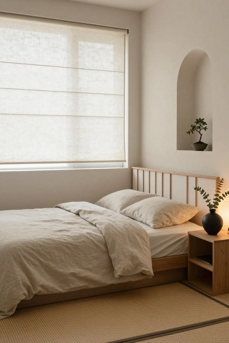 A minimalist bedroom with a low wooden platform bed draped in beige linen bedding and pillows, sheer white blinds on a large window, wooden nightstand holding a black vase of eucalyptus and a lamp, arched wall niche with potted bonsai plant, and beige tatami mat flooring.