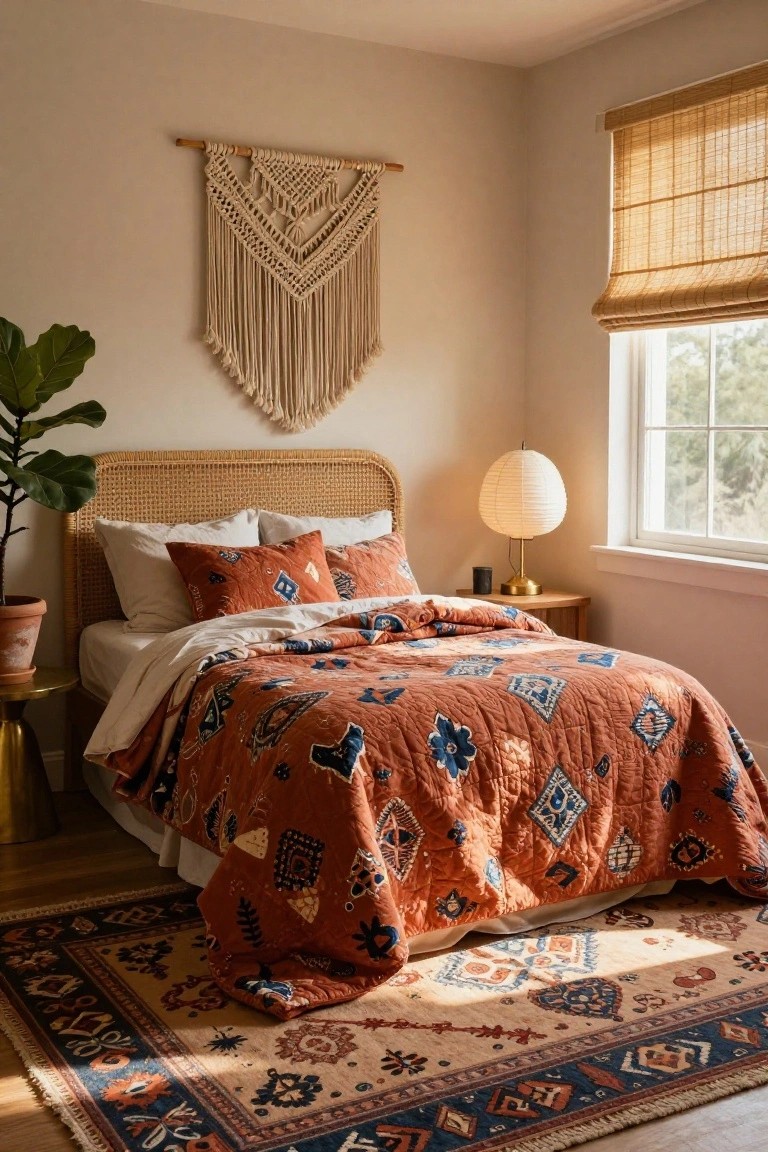 Bedroom interior with beige walls, rattan headboard bed covered in terracotta quilted bedding with blue patterns, macrame wall hanging, fiddle leaf fig plant in terracotta pot, bamboo blinds on window, paper lantern lamp on wooden nightstand, and Persian-style rug on light wood floor.