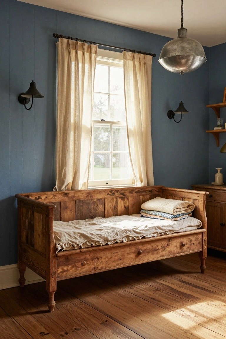 Rustic wooden bench daybed with white sheet, folded quilts, and pillows against blue shiplap wall in sunlit bedroom with sheer curtains on window, wall sconces, and side table.