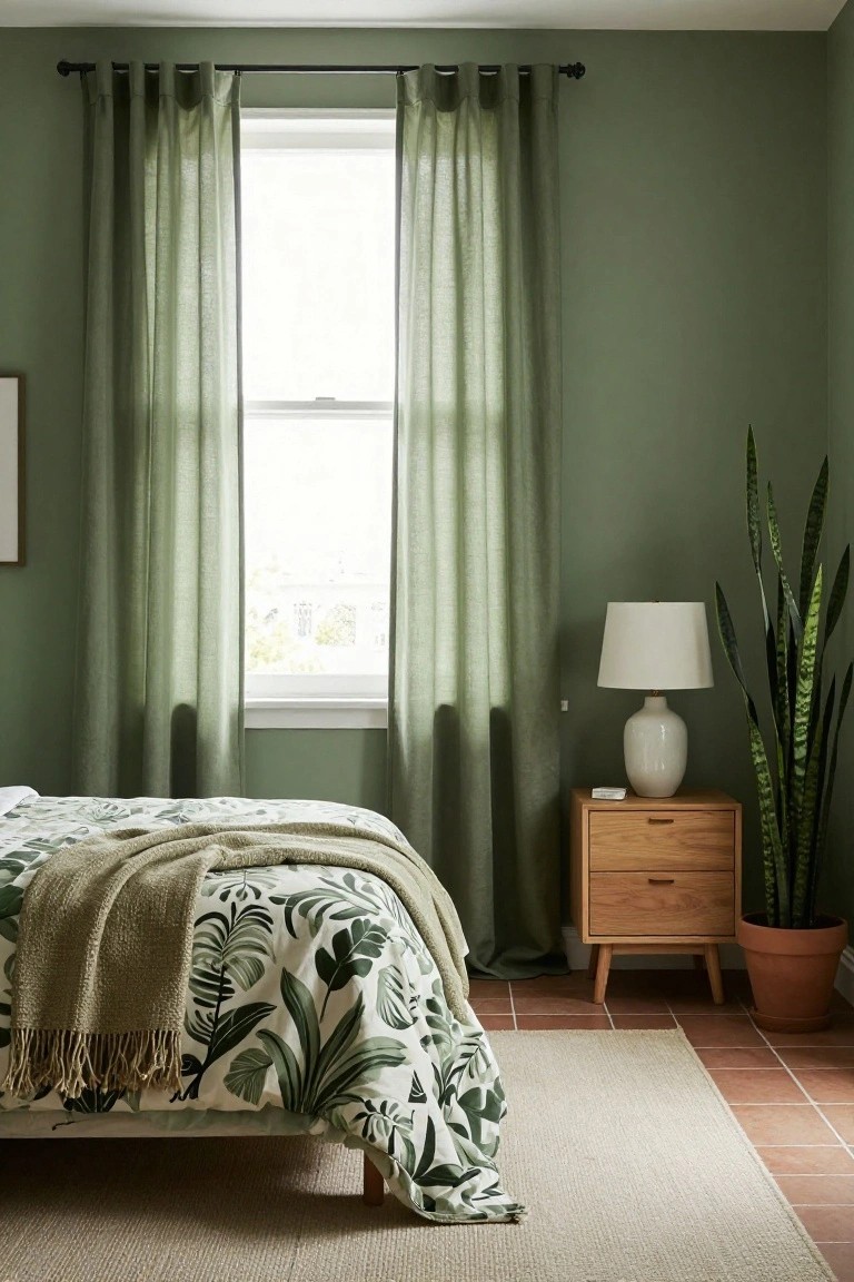 Bedroom interior featuring sage green walls, a bed with white and green leafy-patterned duvet covered by a beige throw, wooden nightstand with white ceramic lamp and potted snake plant next to sheer green curtains over a double window, on terracotta tile floor with beige rug.