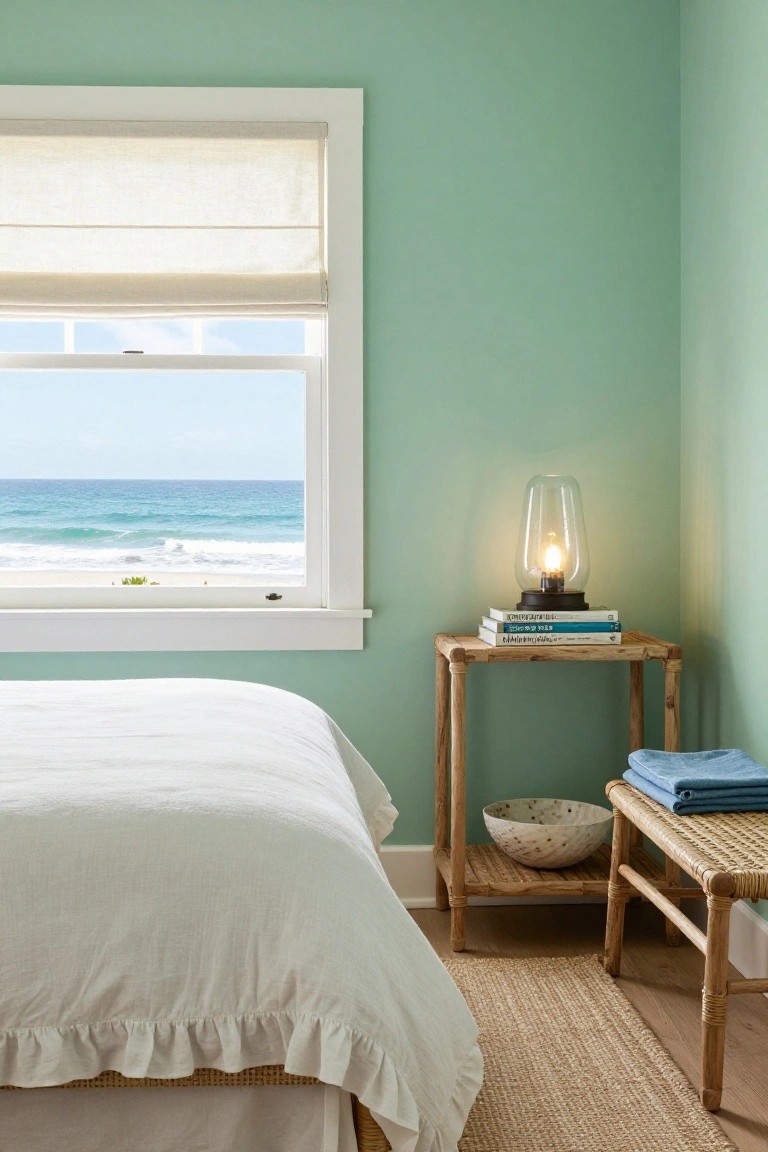 Bedroom corner with pale green walls, large white-framed window showing blue ocean and beach, white ruffled duvet on low bed, wooden shelf holding glass lamp, books, white bowl, and blue cloth on rattan bench, seagrass rug on wood floor.