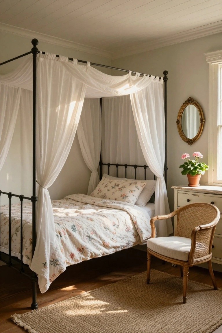 Black iron four-poster bed with white sheer canopy drapes in a light green corner bedroom, floral white bedding, pink geranium plant in terracotta pot, antique oval mirror on wall, white dresser, rattan armchair with white cushion, seagrass rug on hardwood floor, natural light from window.