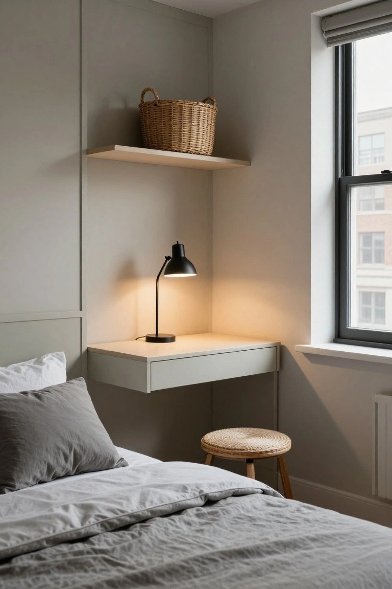 Corner of a neutral-toned bedroom with a floating white desk holding a black adjustable lamp, a rattan stool nearby, a woven basket on a wooden shelf above, a bed with gray linens below, and a large window with gray blinds.
