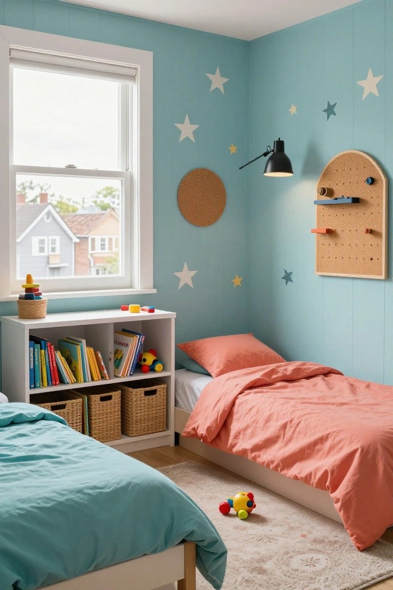 A children's bedroom with light teal paneled walls decorated with white and yellow star decals, two low single beds with teal and pink bedding, a white bookshelf holding books and toys, a cork pegboard organizer, and scattered toys on the floor.