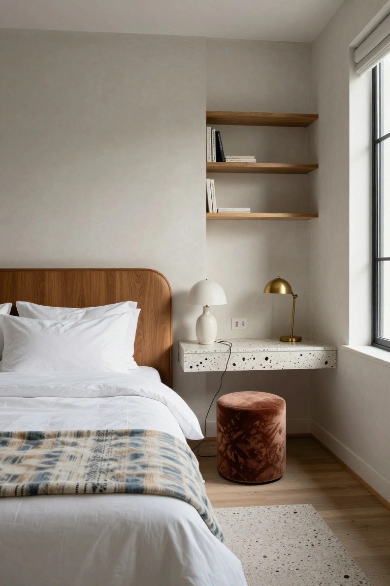 Minimalist bedroom with white bed on wooden headboard, floating oak shelves holding books, terrazzo-top floating desk with white lamp and gold desk lamp, velvet stool, neutral walls, and wood floor.