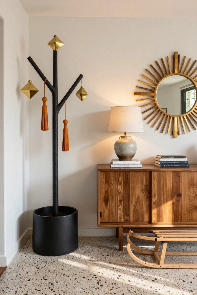 Tall black branch coat rack decorated with gold pyramid and ball ornaments plus orange tassels in a room corner next to wooden sideboard topped with lamp and books, sunburst mirror on wall, and wooden sled bench on terrazzo floor.