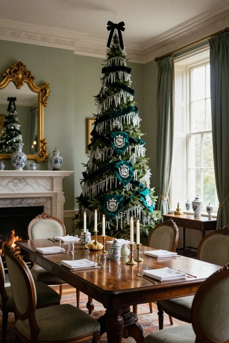A tall Christmas tree decorated with emerald green velvet ribbons bearing crest designs, black bows, and dangling pearl strands stands in a sage green formal dining room next to a marble fireplace and a wooden dining table with white napkins and candlesticks.