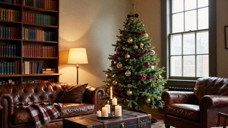 Living room corner featuring a decorated evergreen Christmas tree with red ribbons and gold ornaments, flanked by two tan leather armchairs with plaid throws, bookshelves, lit candles on brass stands, and a vintage trunk on a patterned rug.