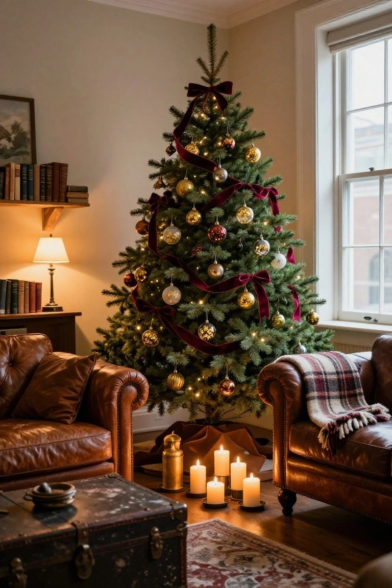 Living room corner featuring a decorated evergreen Christmas tree with red ribbons and gold ornaments, flanked by two tan leather armchairs with plaid throws, bookshelves, lit candles on brass stands, and a vintage trunk on a patterned rug.