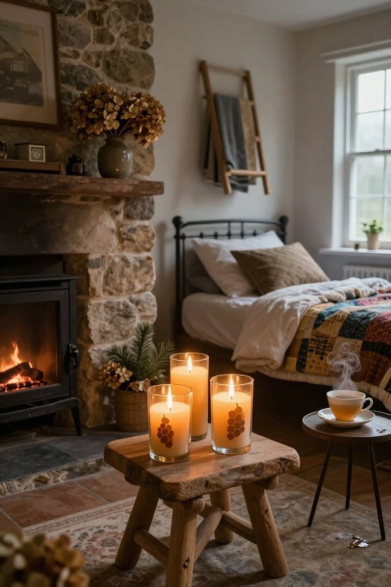 Cozy bedroom interior featuring a lit stone fireplace, three glass candles with flames on a wooden stool, a bed with quilt, and warm lighting from the fire.