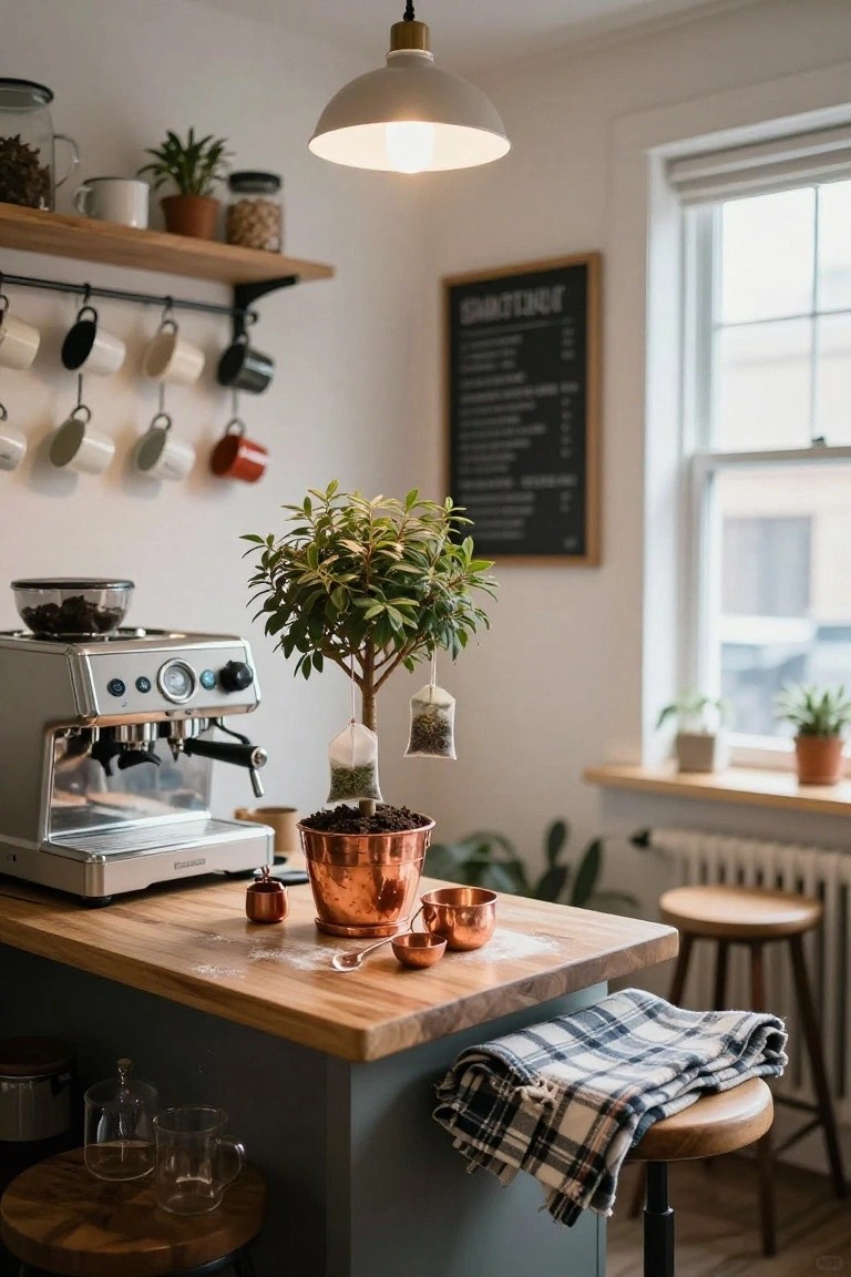 Kitchen counter with silver espresso machine, potted tree in copper pot with hanging tea bags from branches, small copper pots and spoons, wooden stools, and various plants and cups on shelves.