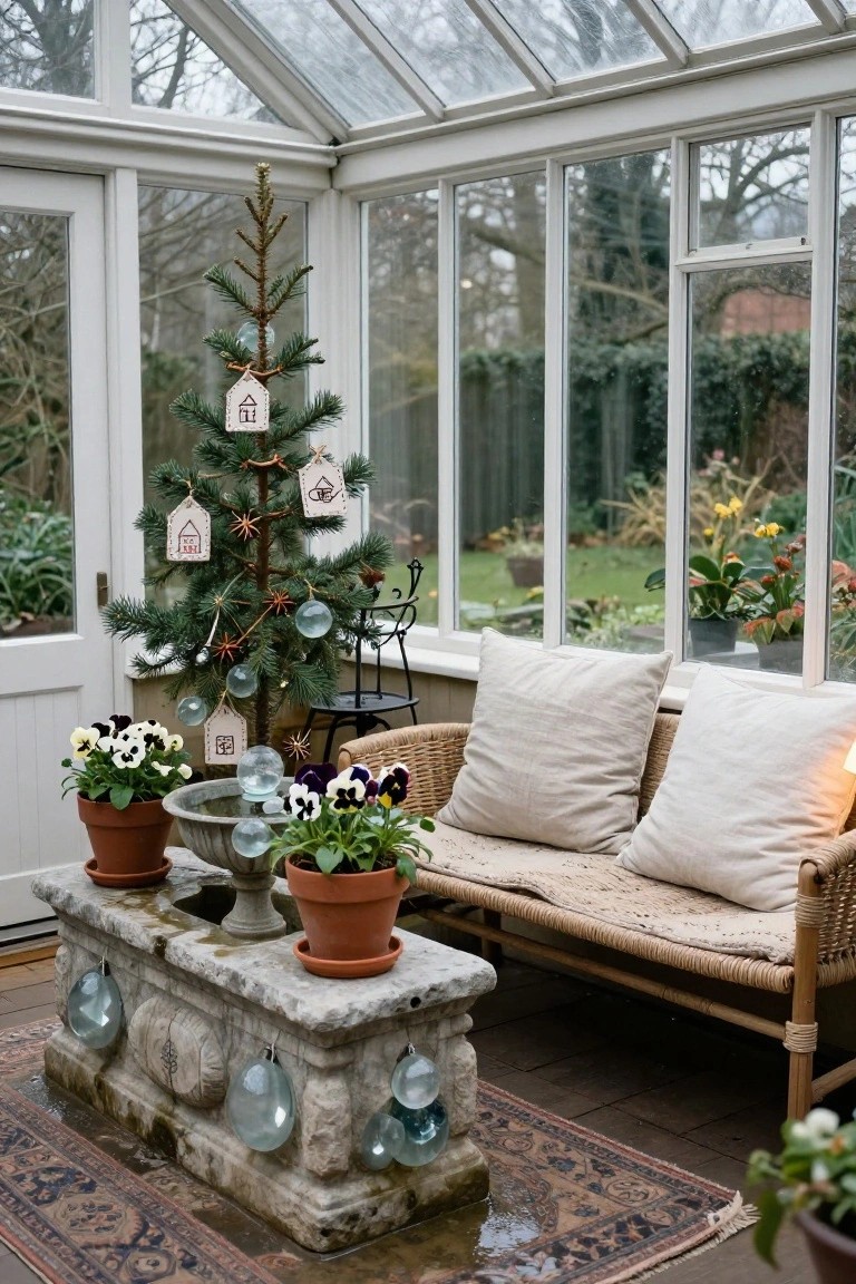 Small decorated Christmas tree with house-shaped ornaments stands beside potted pansies and a stone fountain in a glass conservatory, next to a wicker sofa and colorful rug.