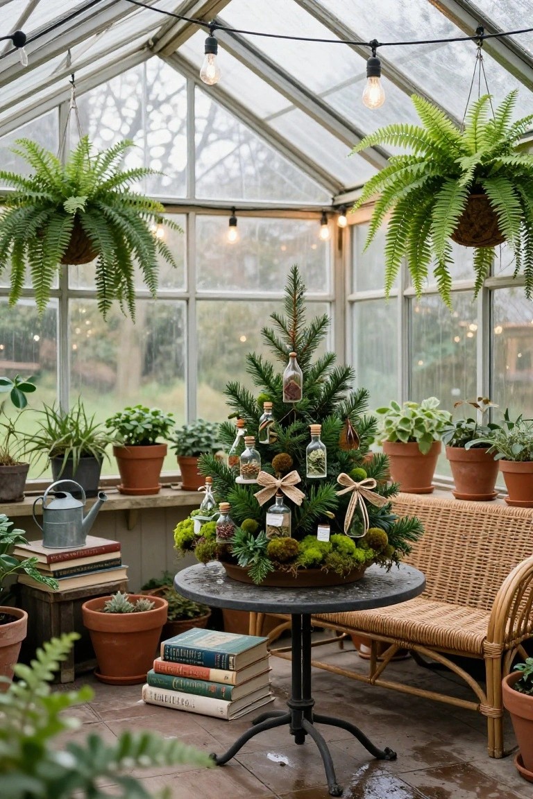 Small Christmas tree on a round table in a glass greenhouse, decorated with tiny glass bottle ornaments, moss balls, and ribbon, surrounded by potted plants, ferns, watering can, books, and string lights.