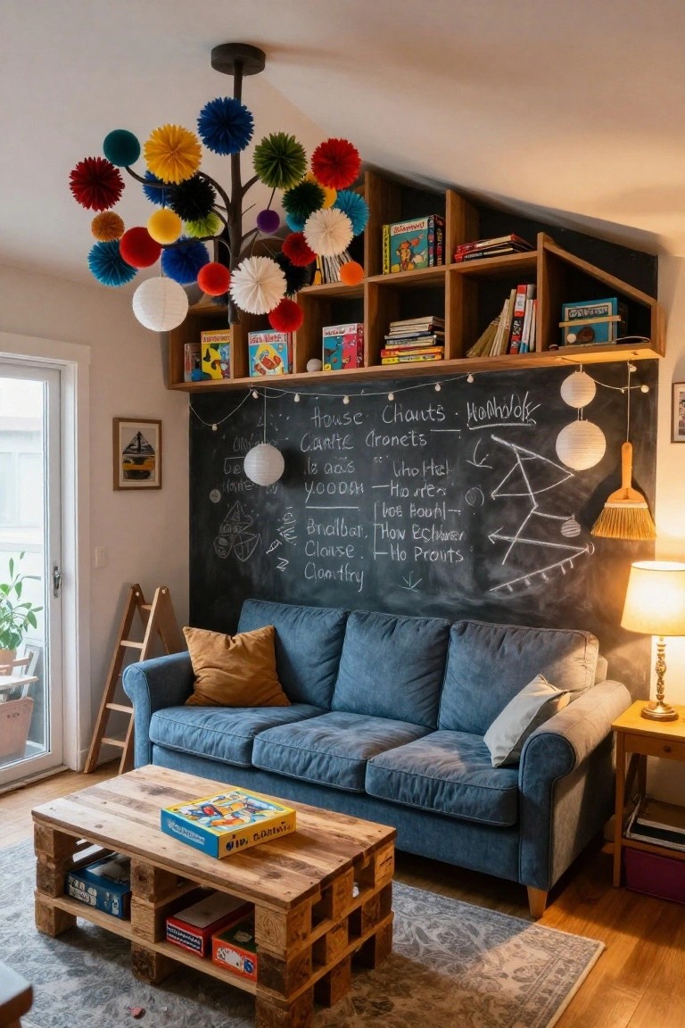 Cozy living room interior with blue sofa, wooden pallet coffee table holding board games, open bookshelves, chalkboard wall with handwritten notes in French, and a large multicolored pom-pom chandelier overhead.