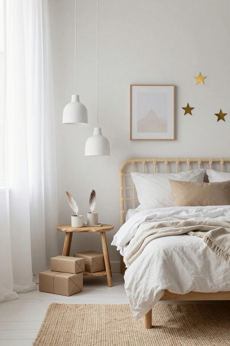 Cozy bedroom corner with rattan headboard bed covered in white and beige linens, wooden stool side table holding feather-filled ceramic vases and stacked brown cardboard boxes, two white pendant lamps, sheer curtains on window, framed abstract art, gold star wall decals, and beige seagrass rug on light wood floor.