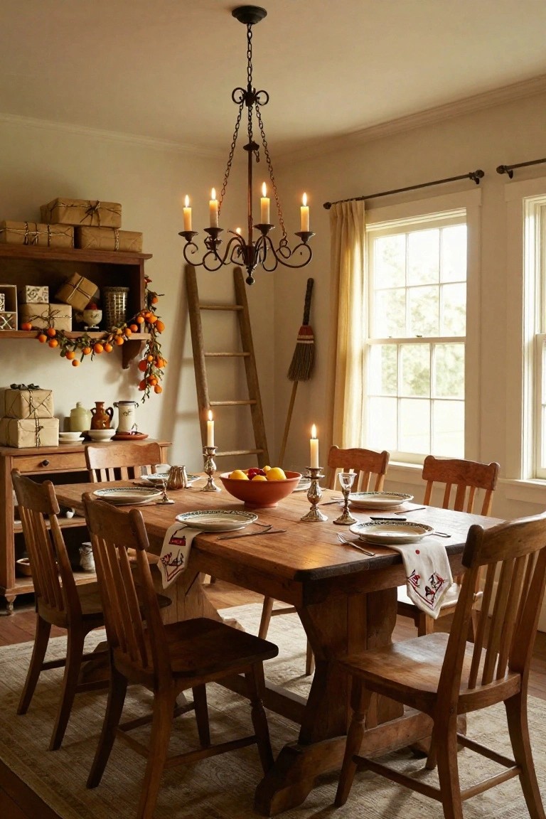 A warmly lit dining room featuring a wooden farmhouse table and chairs, a five-arm candle chandelier, leaning wooden ladder, shelves with garlands of oranges and wrapped boxes, and two table candles.