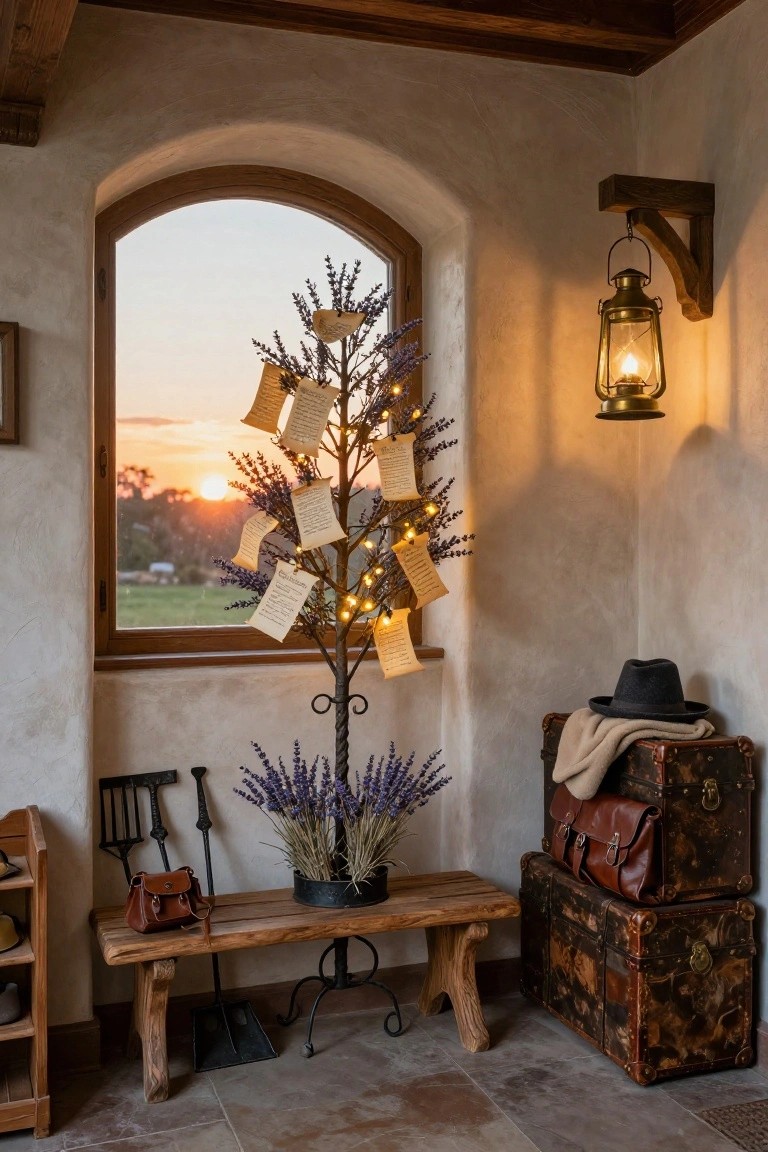 Interior corner with arched window showing sunset over fields, lit lavender branch tree hung with paper notes, wooden bench, old leather trunks, hat, bags, tools, potted lavender, and wall lantern.