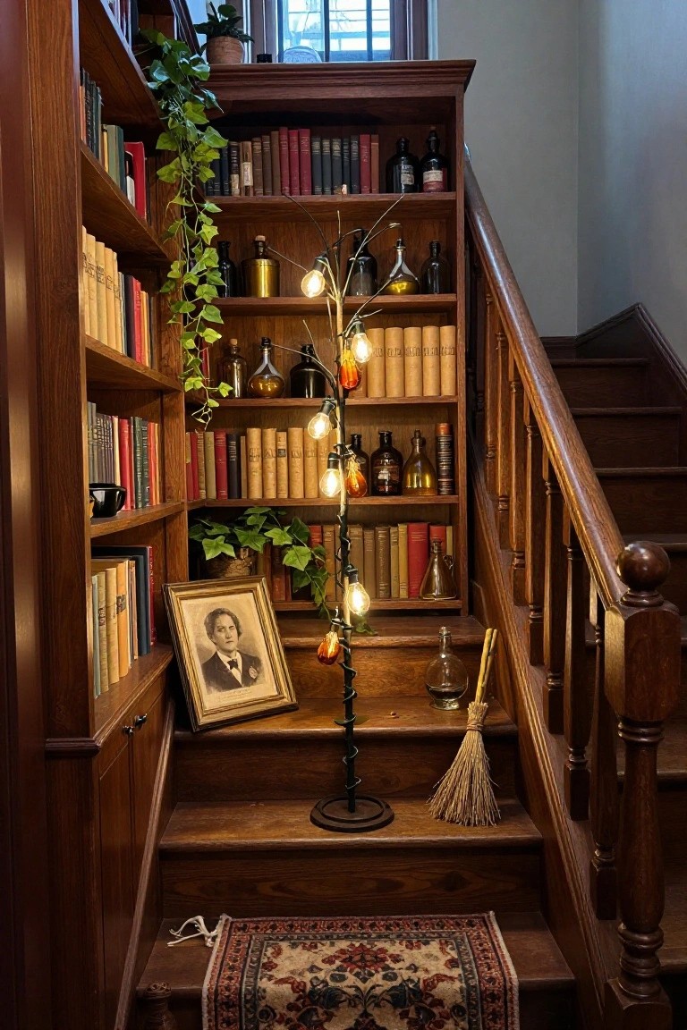 Wooden bookshelves along a staircase filled with old books, potion bottles, ivy plants, a black twisted metal tree lamp with glowing bulbs, a framed portrait, broom, and patterned rug at the base.