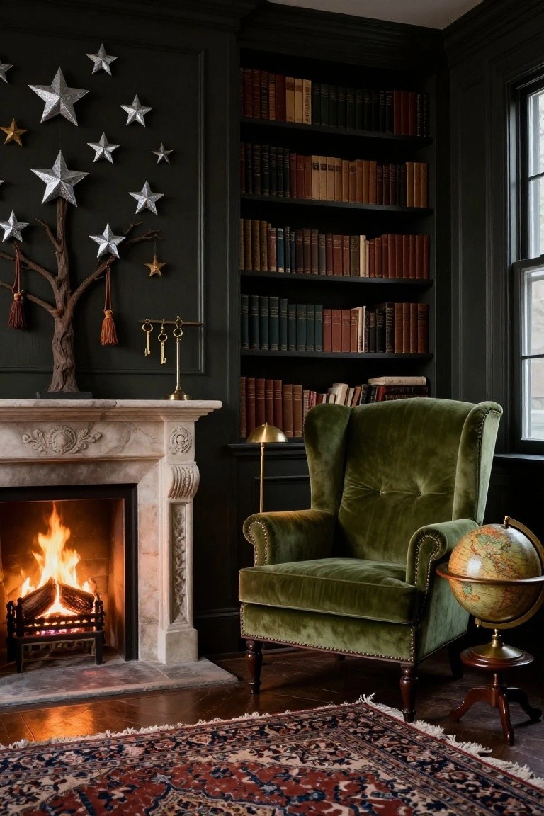 Dark-paneled library corner with built-in bookshelves, marble fireplace burning wood, green velvet armchair, brass lamp, globe on stand, and wall branch decorated with metallic stars.