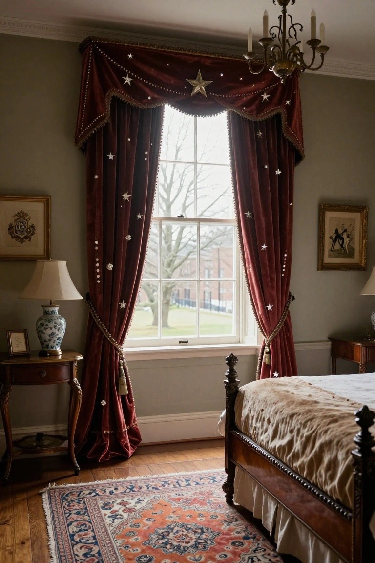 A green bedroom with crimson velvet curtains embellished with white stars draped over a tall multi-paned window, a four-poster bed with beige bedding, an oriental rug, antique tables, lamps, and framed artwork on the walls.
