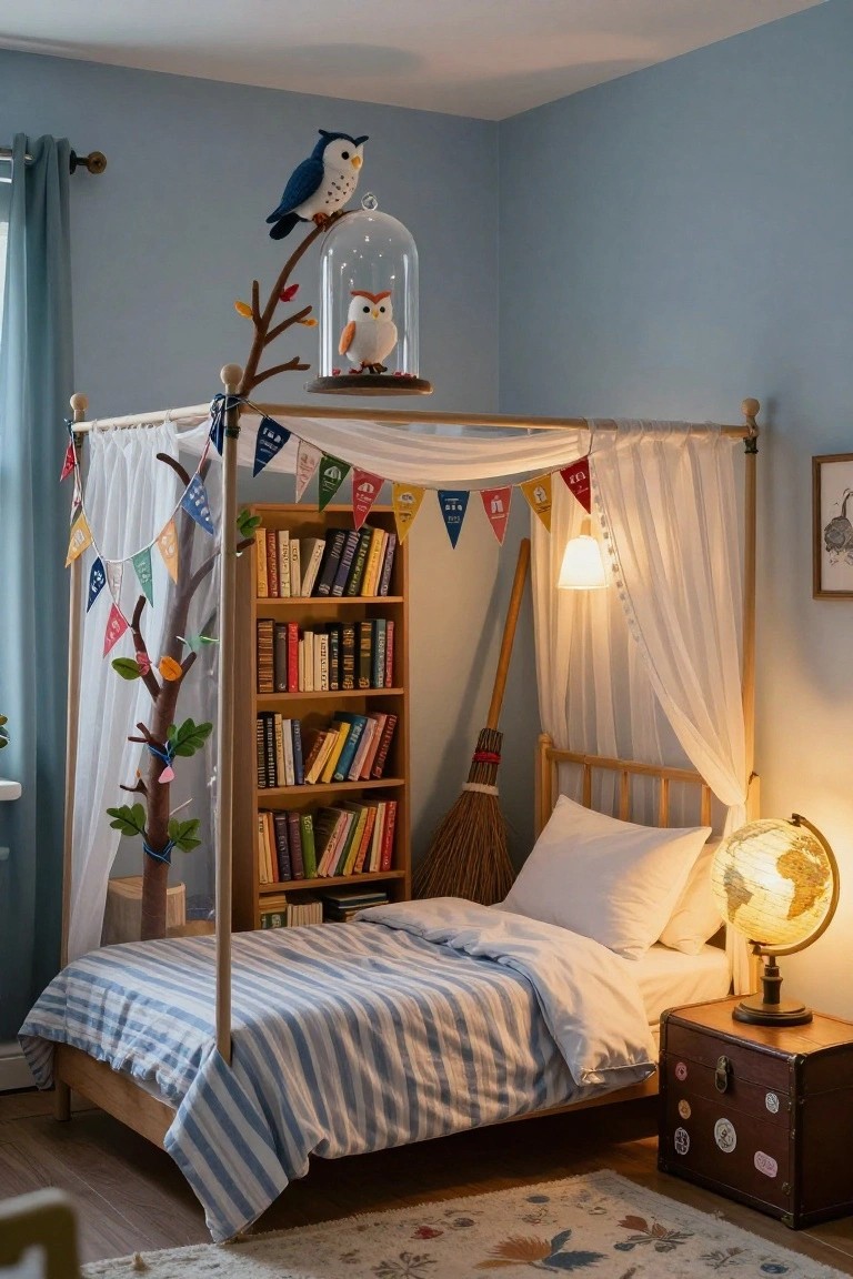 Child's wooden bed with blue striped bedding under a white fabric canopy supported by a brown fabric tree trunk with branches holding stuffed owls in a glass dome, flanked by bookshelves, a broomstick, colorful flags, and a bedside globe lamp on a wooden floor.