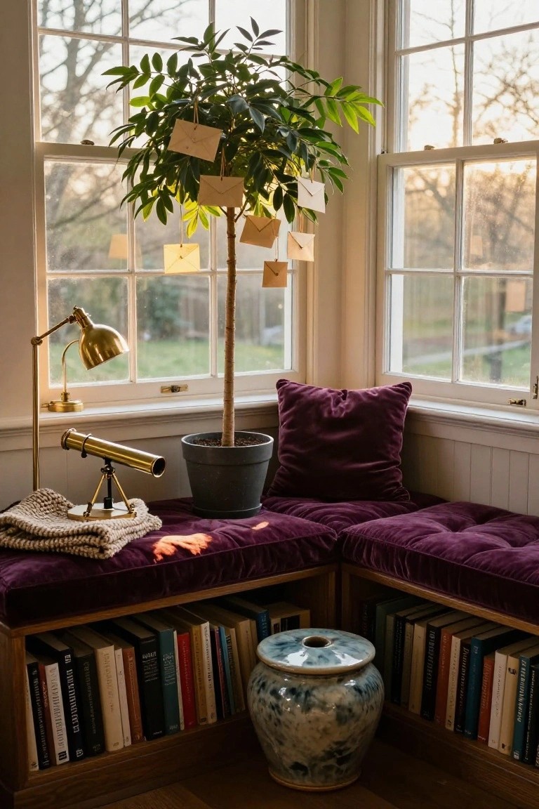 Cozy indoor window nook featuring a small potted tree with hanging white envelopes, purple velvet bench cushions, brass desk lamp and telescope, knit throw, bookshelves, and blue and white ceramic vase.