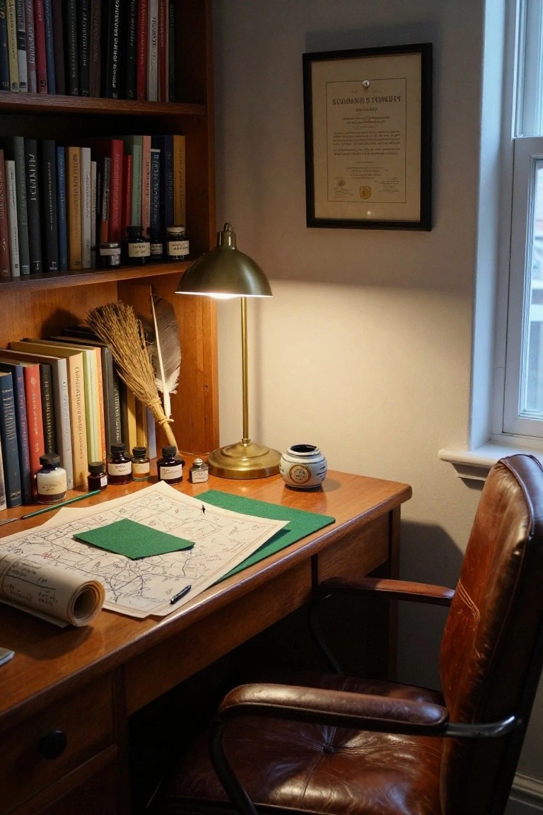 Wooden desk with green felt blotter, ink bottles, quill, feather broom, parchment maps, brass lamp, and leather armchair in a book-lined interior corner next to a window.