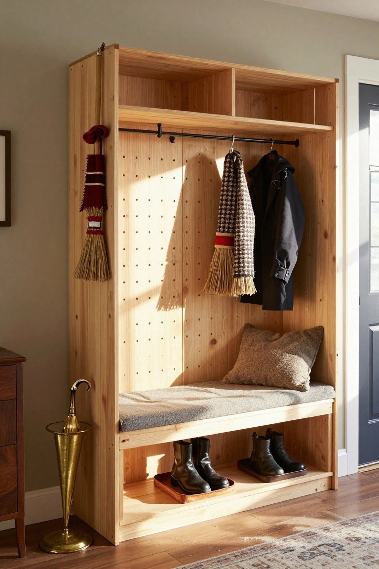 Tall wooden cabinet in an entryway with upper shelves, hanging rail for coats and scarves, pegboard back panel, cushioned bench seat, boot storage below, decorative broom and scarf, brass umbrella stand nearby, and open door in background.