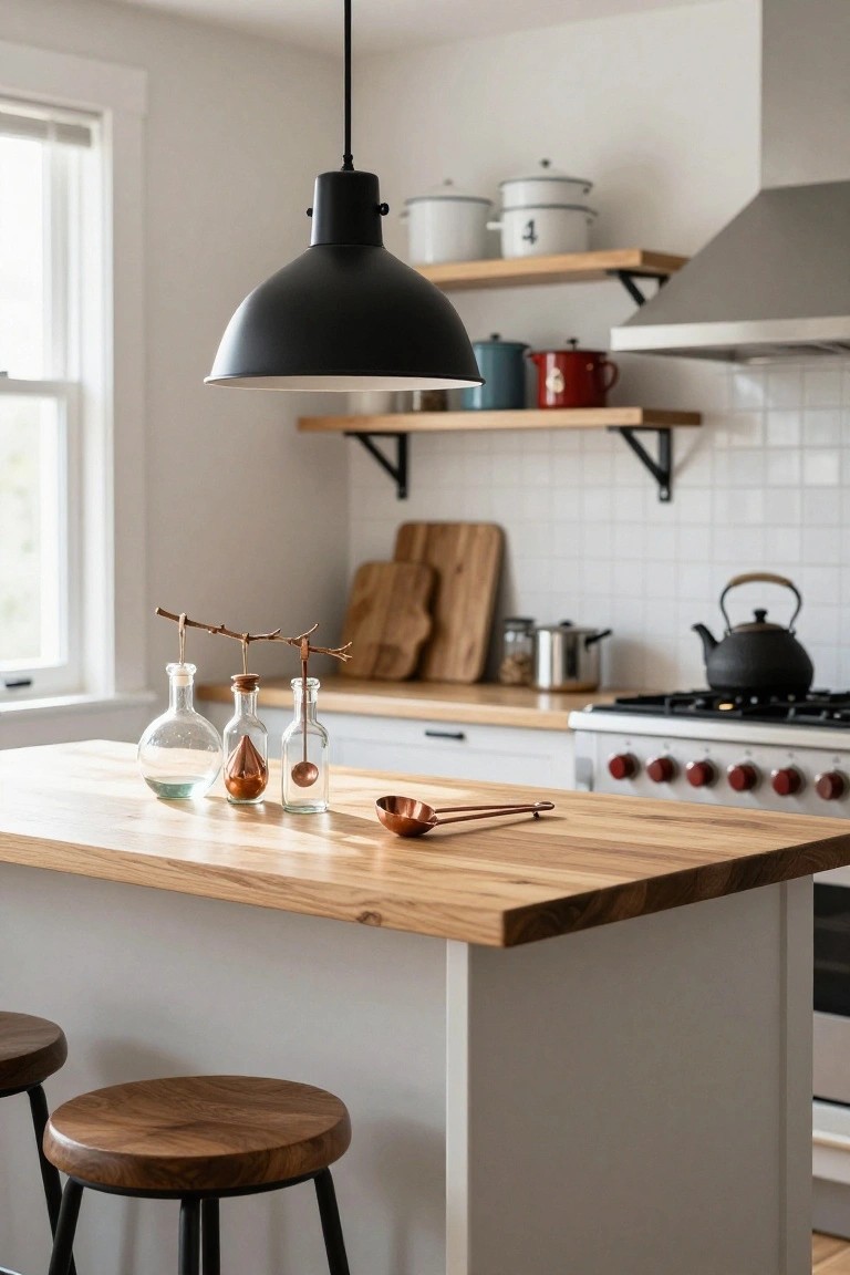 Kitchen island with light wood top and two wooden stools on metal legs, a branch holding glass bottles and copper spoons on the counter, black pendant light hanging above, wooden shelves with pots and white cabinets in the background.