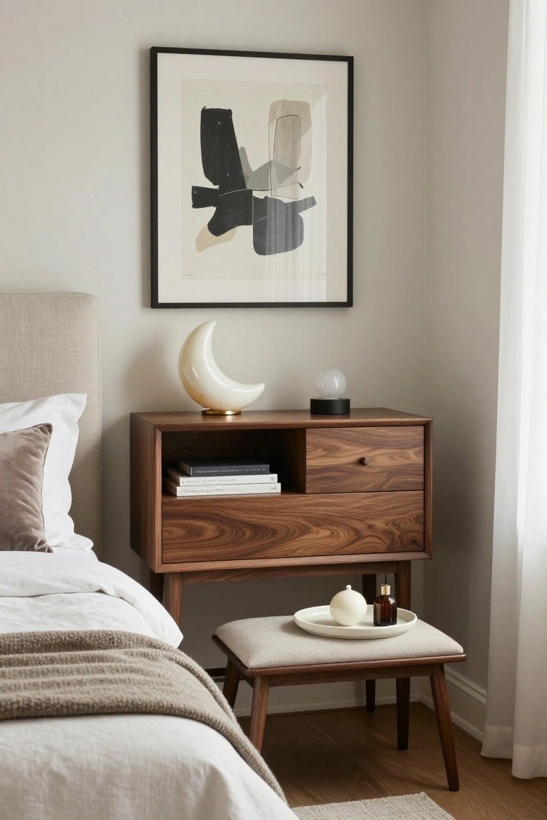 Corner of a bedroom featuring a beige upholstered bed with white linens and a mauve pillow, a walnut nightstand with books and a white crescent moon lamp, a black-based globe lamp, a stool holding a white plate with ceramics and a bottle, abstract art on the wall, and a window with sheer curtain.