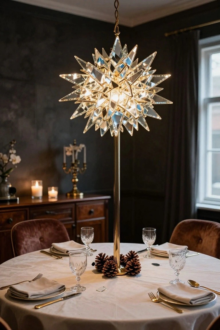Dining room interior featuring a large hanging crystal starburst chandelier above a round table set with white linens, gold flatware, crystal glassware, and pine cone centerpieces, surrounded by velvet chairs, wooden sideboard, and candles.