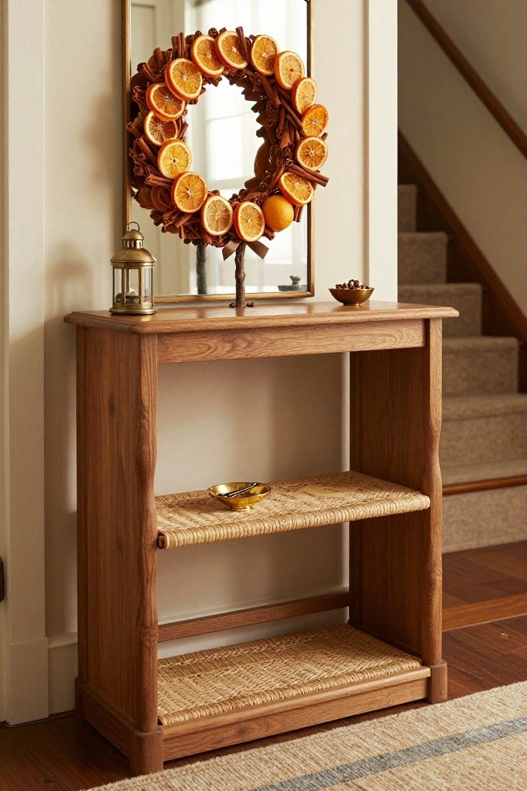 Wooden console table holding a brass lantern and bowl of nuts, with a gold-framed mirror above displaying a wreath of dried orange slices and cinnamon sticks, positioned near carpeted stairs in a hallway.