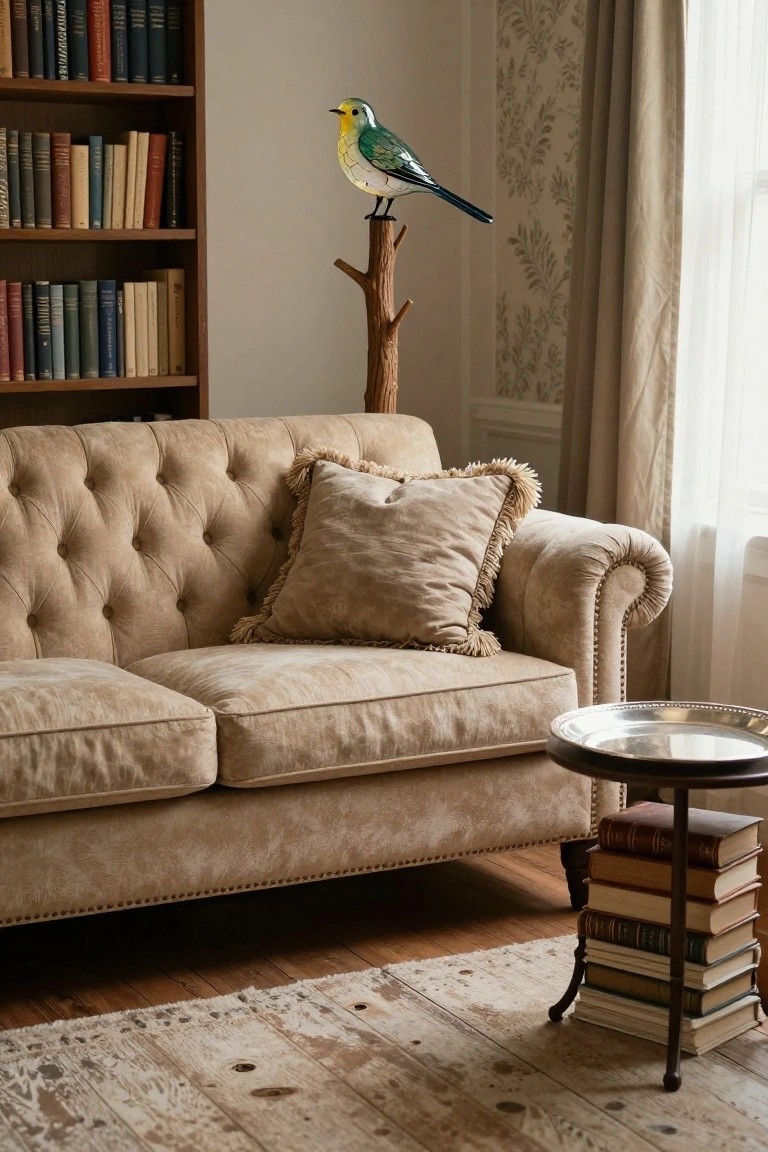 A cozy living room with wooden bookshelves filled with books, a beige tufted sofa with fringed pillows, a colorful glass bird sculpture on a wooden branch perch, a small round side table holding stacked antique books, and a worn rug on hardwood floors.