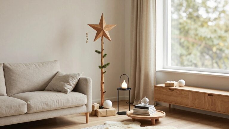 21 Stunning Christmas Tree Topper Ideas That Complete the Design Light neutral living room corner with beige sofa draped in a cream throw, wooden coffee table stacked with books, slim potted Christmas tree topped with wooden star, large wooden star on stand nearby, and small gifts on windowsill.