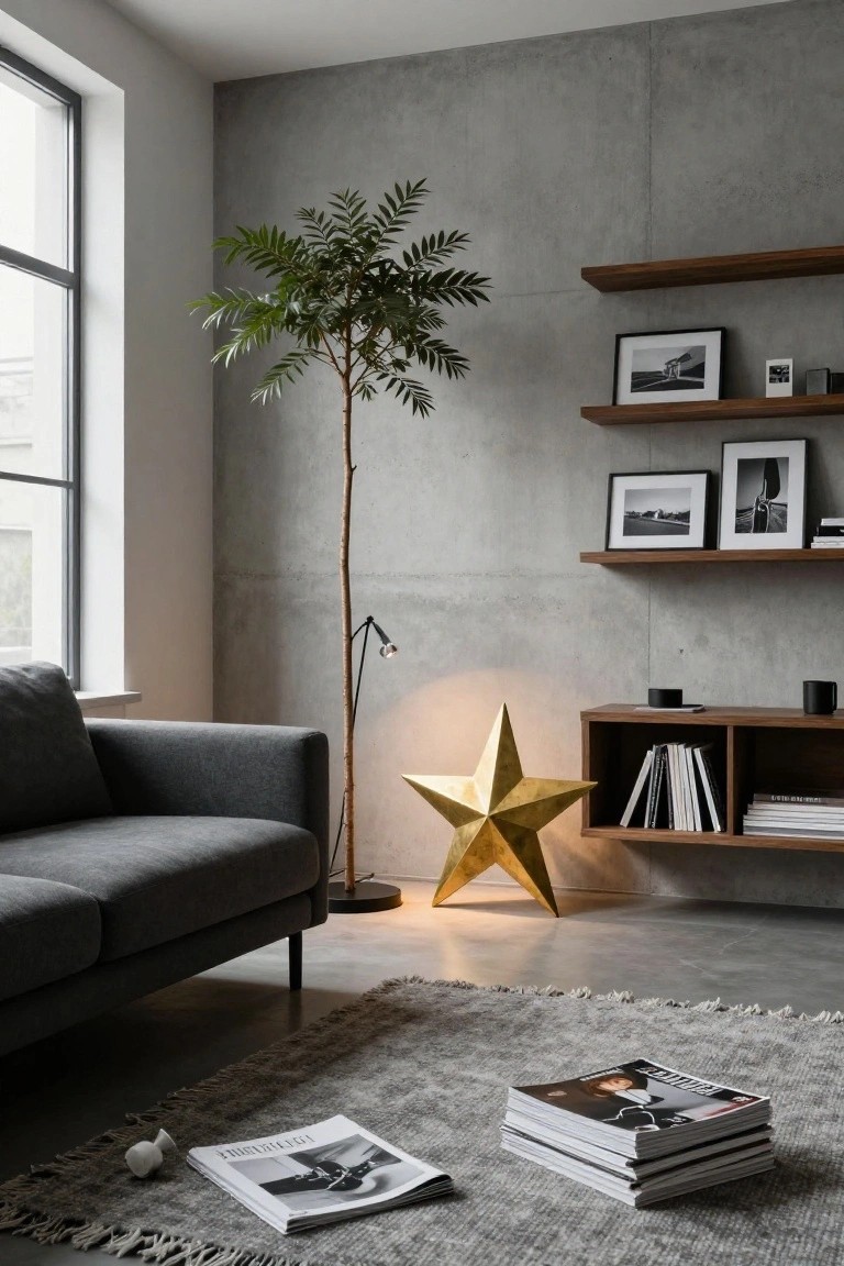 Modern living room corner with gray sofa, potted palm tree, wood floating shelves with books and photos, arched floor lamp, large gold star sculpture on the floor, and stacked magazines on a gray rug against concrete walls.