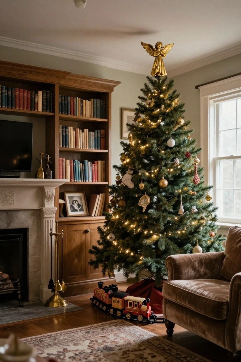 A Christmas tree in a living room topped with a golden angel figure, decorated with white and gold ornaments and string lights, next to a fireplace, bookshelves, and an armchair.