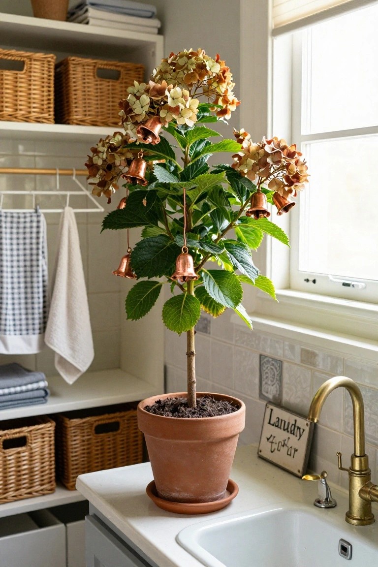 Potted hydrangea plant with multiple copper bells hanging from its branches in a laundry room next to a white sink, gold faucet, and hanging linens.